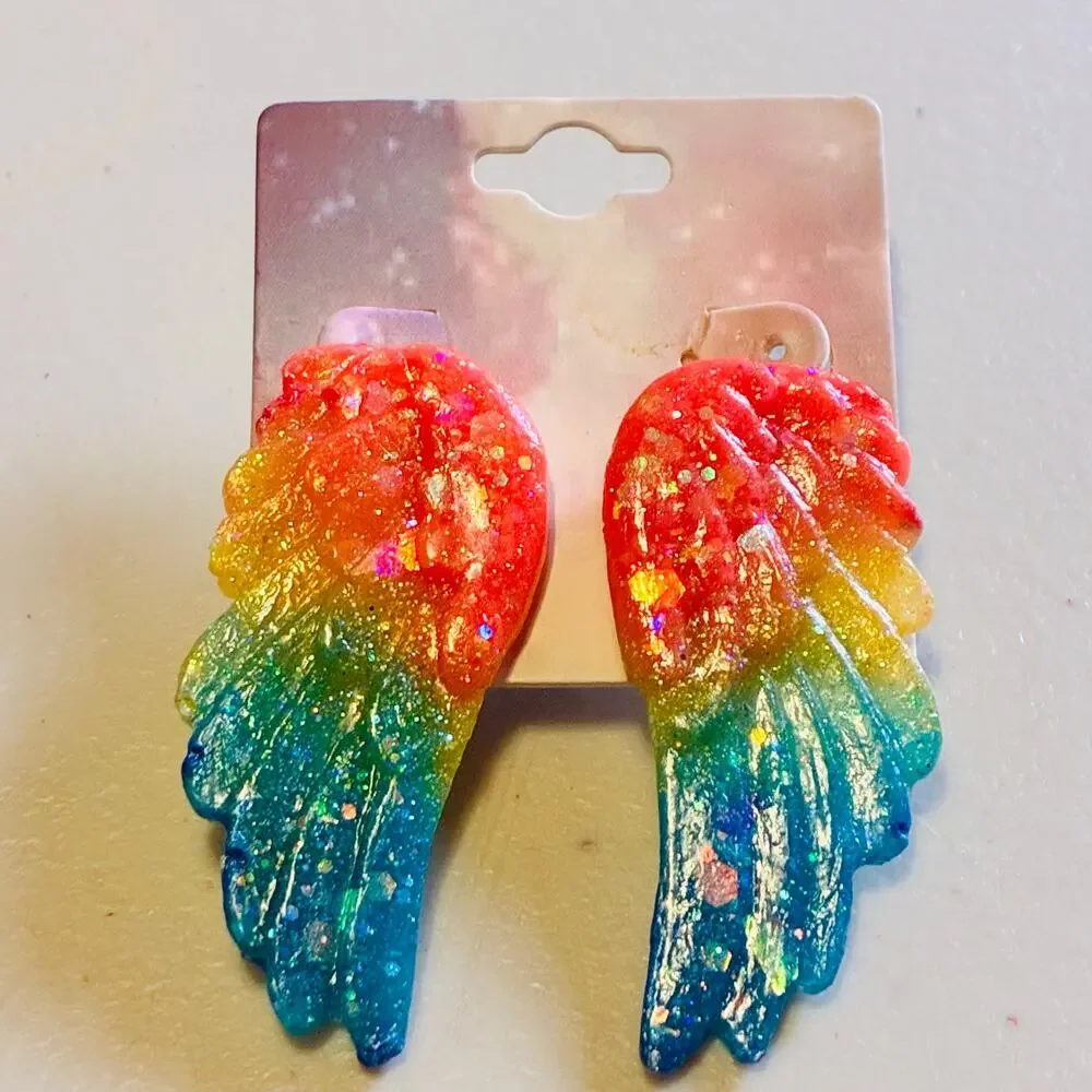 Rainbow Angel Wing Earrings Glitter Resin Statement Fairycore Pride Jewelry